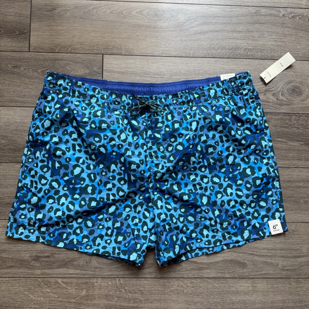 No Boundaries Mens 3XL Blue Leopard Print Swim Trunks 6" Inseam UPF 50+ NWT
